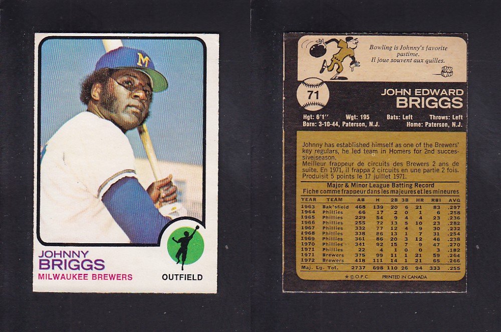 1973 O-PEE-CHEE BASEBALL CARD #71 J. BRIGGS photo