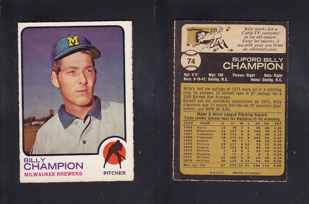 1973 O-PEE-CHEE BASEBALL CARD #74 B. CHAMPION photo