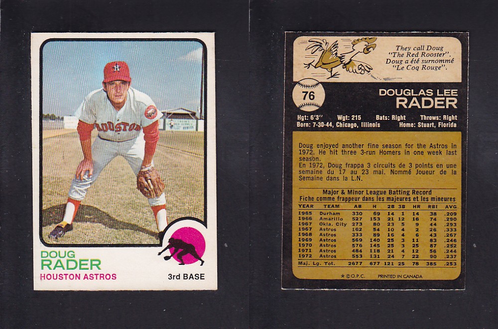 1973 O-PEE-CHEE BASEBALL CARD #76 D. RADER photo