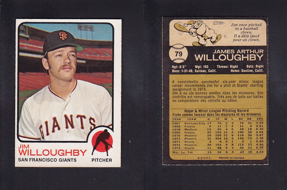 1973 O-PEE-CHEE BASEBALL CARD #79 J. WILLOUGHBY photo