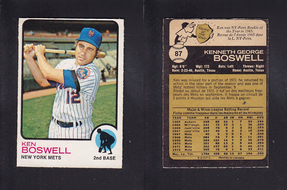 1973 O-PEE-CHEE BASEBALL CARD #87 K. BOSWELL photo