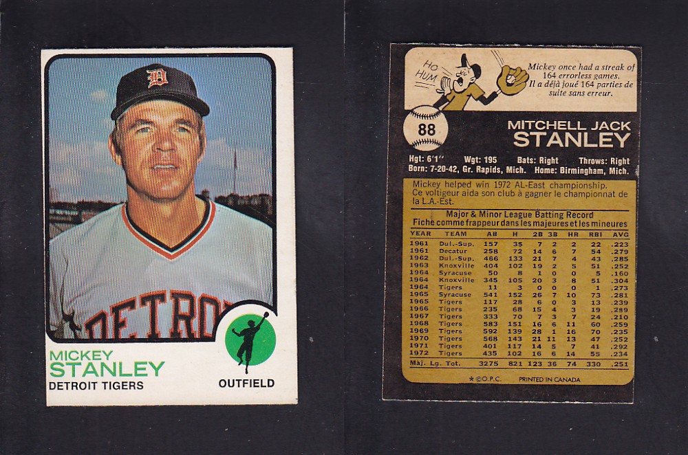 1973 O-PEE-CHEE BASEBALL CARD #88 M. STANLEY photo