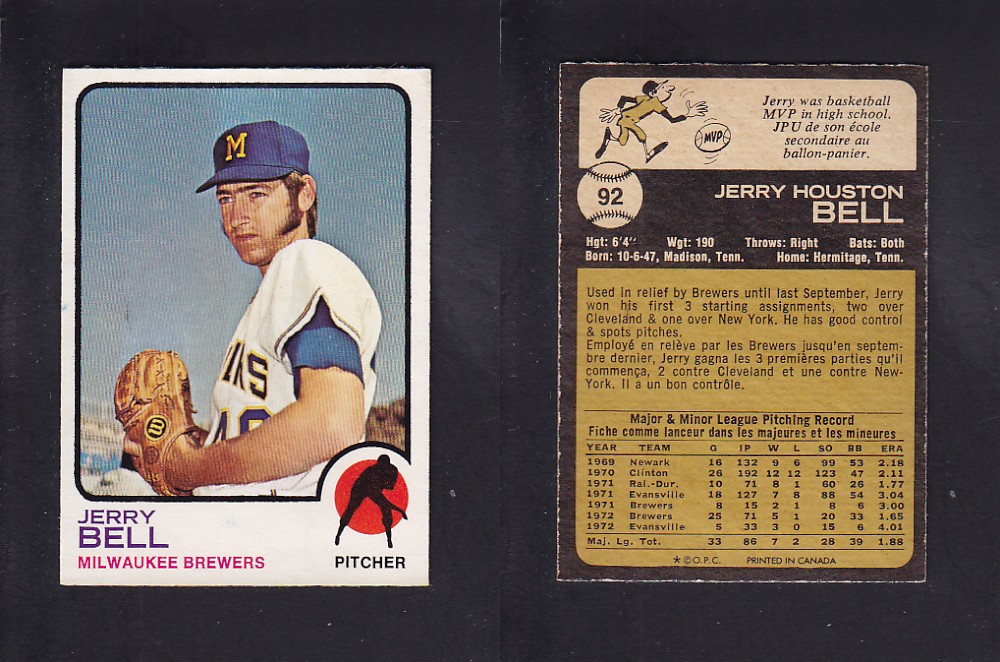 1973 O-PEE-CHEE BASEBALL CARD #92 J. BELL photo