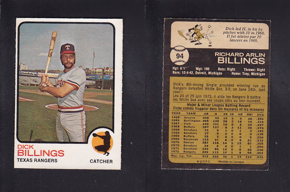 1973 O-PEE-CHEE BASEBALL CARD #94 D. BILLINGS photo