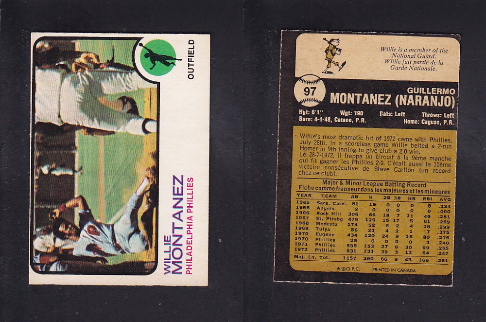 1973 O-PEE-CHEE BASEBALL CARD #97 W. MONTANEZ photo