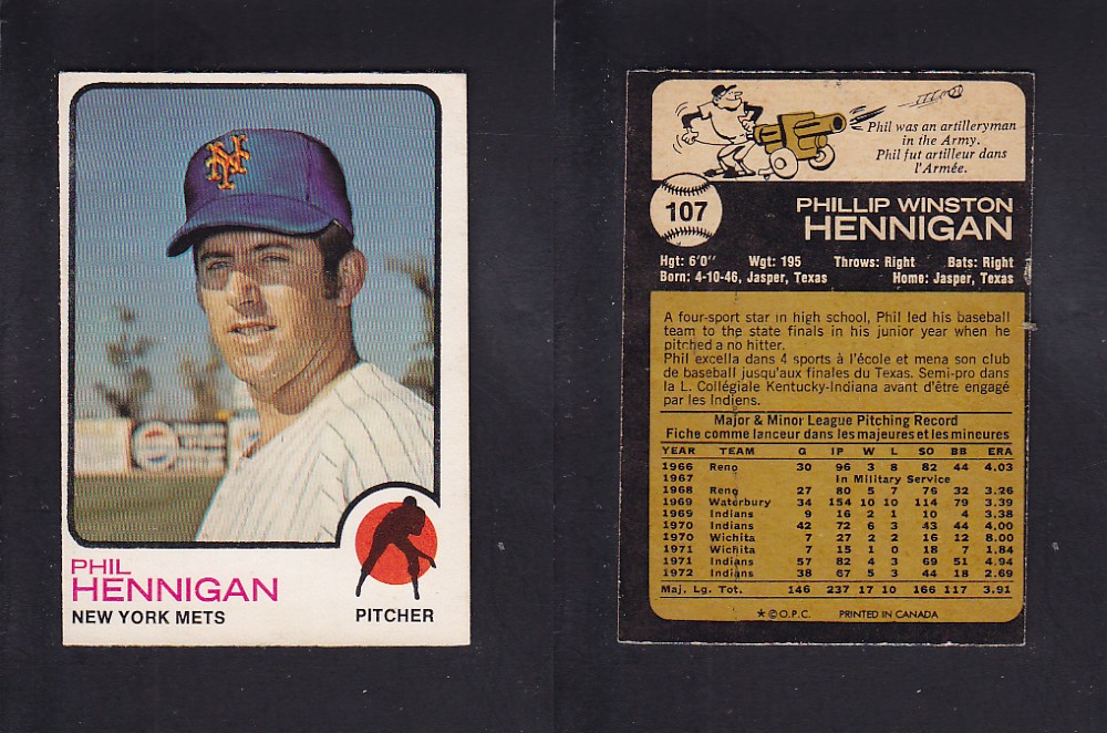 1973 O-PEE-CHEE BASEBALL CARD #107 P. HENNIGAN photo