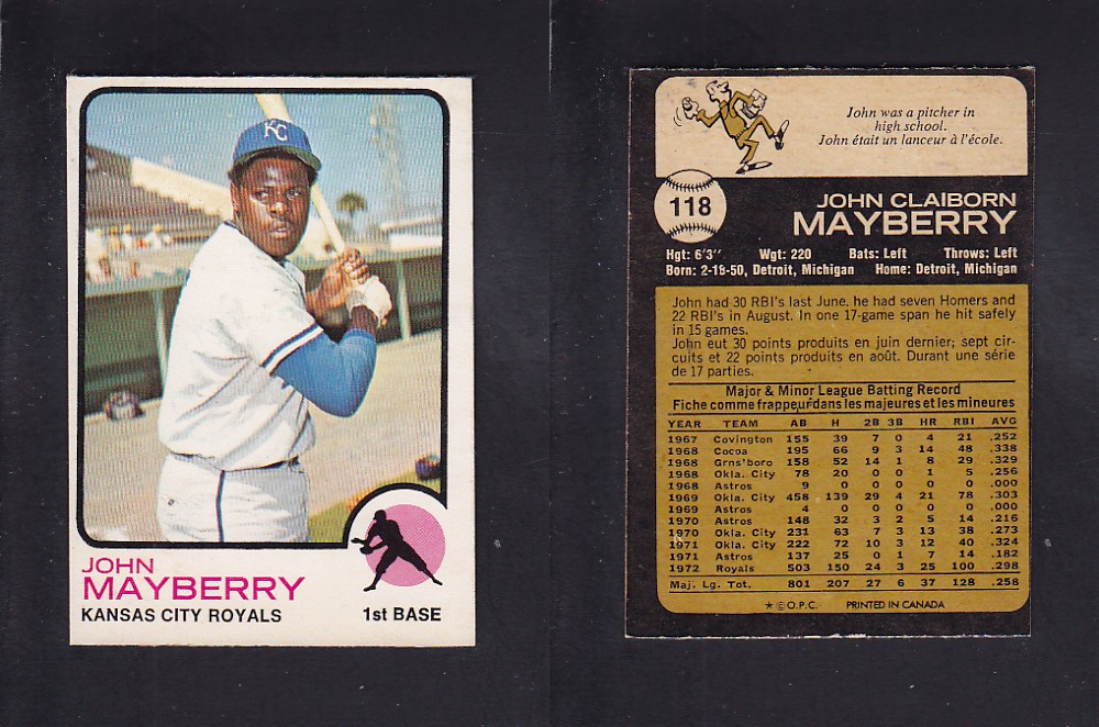 1973 O-PEE-CHEE BASEBALL CARD #118 J. MAYBERRY photo