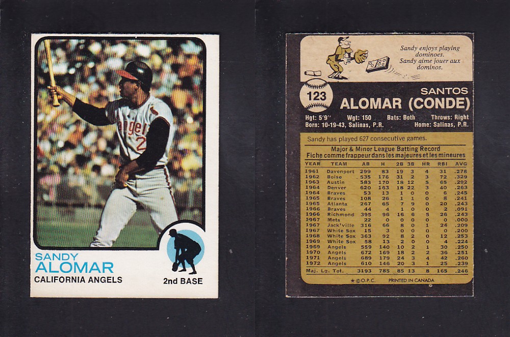 1973 O-PEE-CHEE BASEBALL CARD #123 S. ALOMAR photo