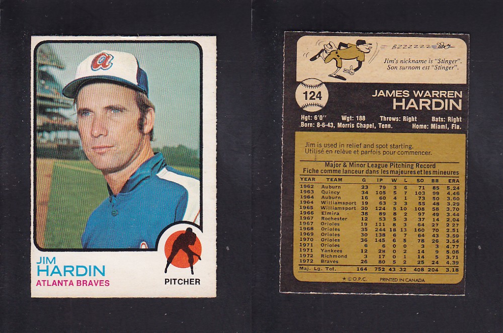 1973 O-PEE-CHEE BASEBALL CARD #124 J. HARDIN photo