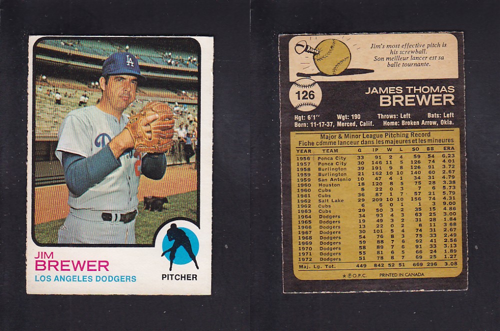 1973 O-PEE-CHEE BASEBALL CARD #126 J. BREWER photo