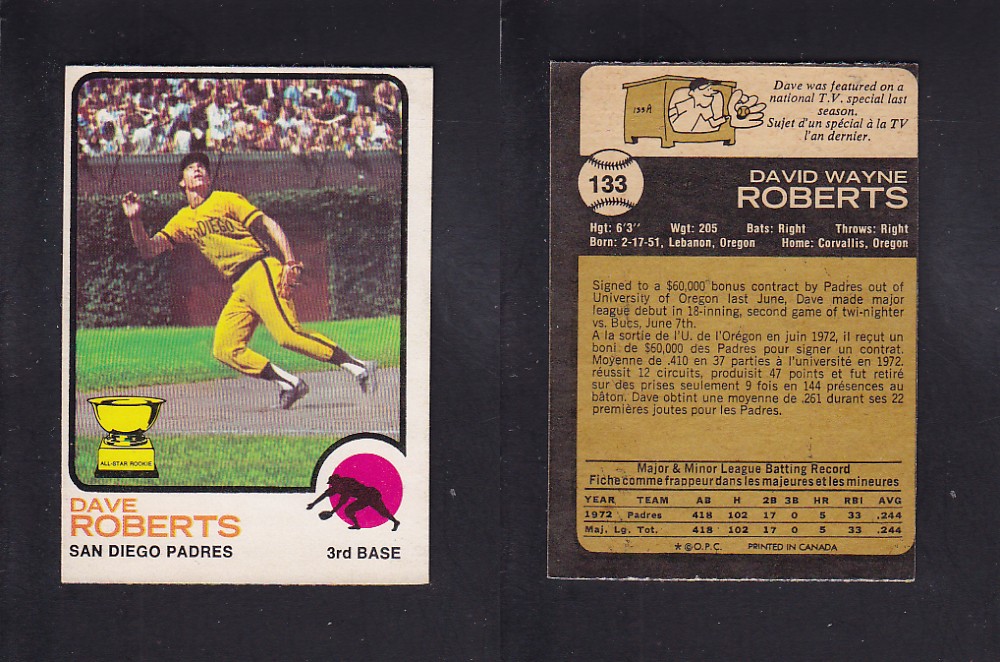 1973 O-PEE-CHEE BASEBALL CARD #133 D. ROBERTS photo