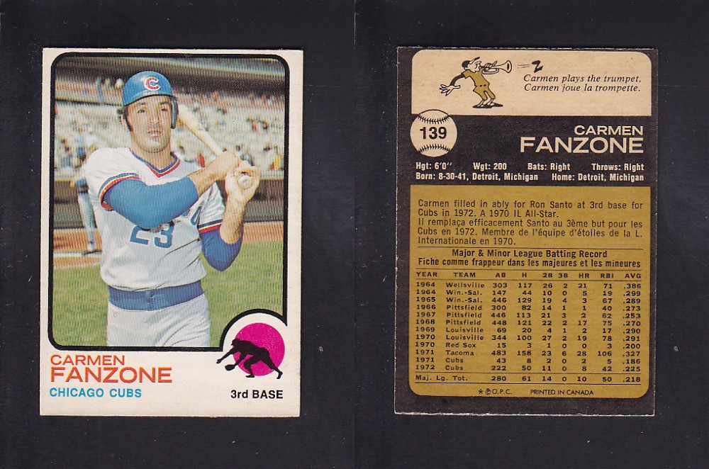 1973 O-PEE-CHEE BASEBALL CARD #139 C. FANZONE photo