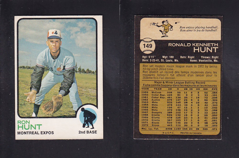 1973 O-PEE-CHEE BASEBALL CARD #149 R. HUNT photo