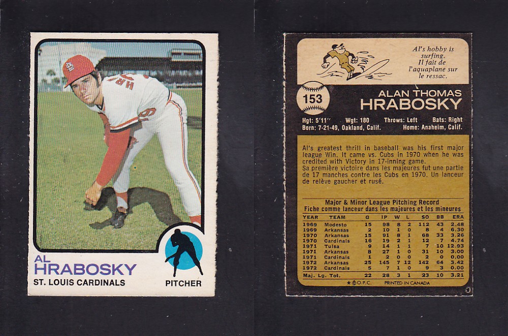 1973 O-PEE-CHEE BASEBALL CARD #153 A. HRABOSKY photo