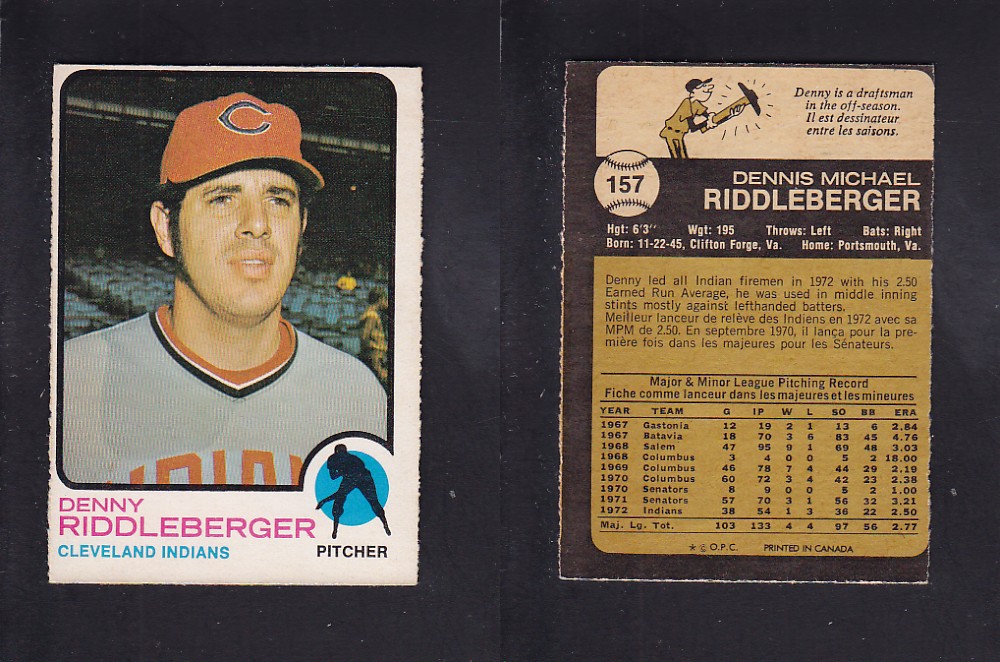 1973 O-PEE-CHEE BASEBALL CARD #157 D. RIDDLEBERGER photo