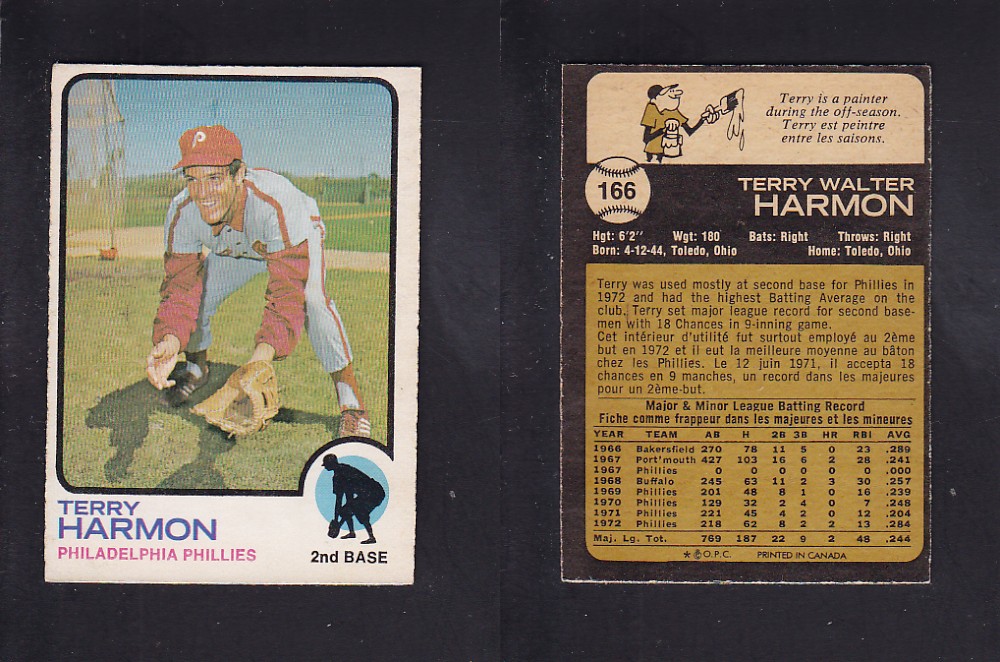 1973 O-PEE-CHEE BASEBALL CARD #166 T. HARMON photo