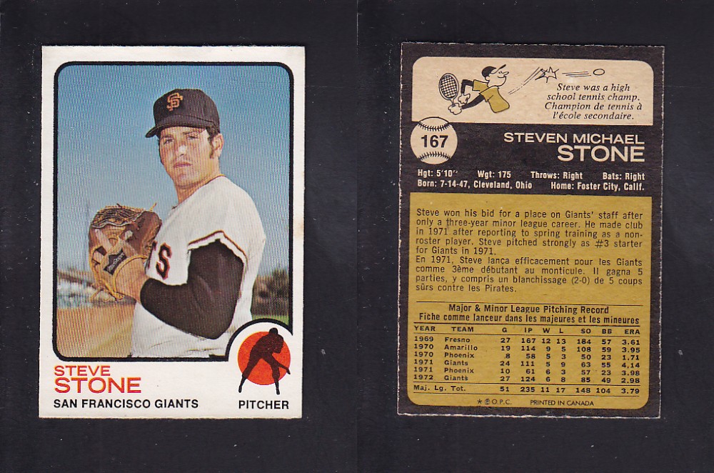 1973 O-PEE-CHEE BASEBALL CARD #167 S. STONE photo