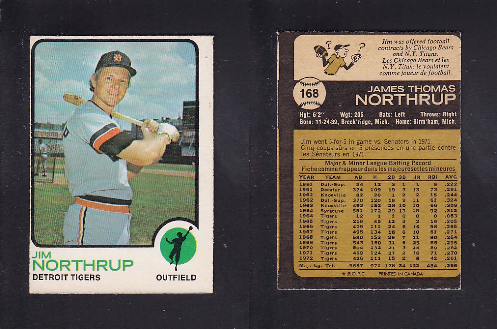 1973 O-PEE-CHEE BASEBALL CARD #168 J. NORTHRUP photo