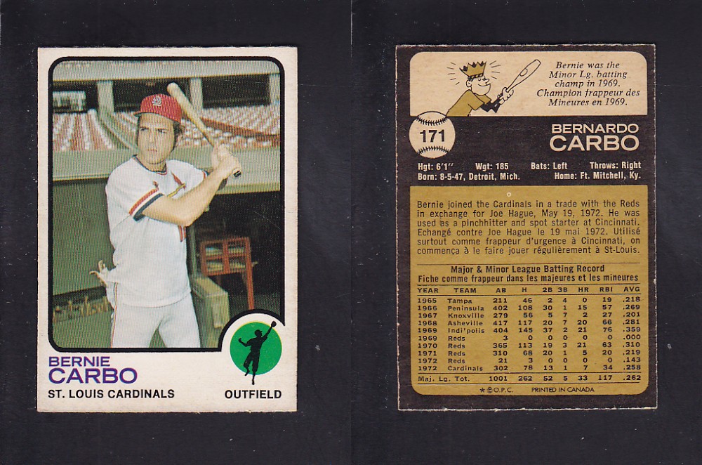 1973 O-PEE-CHEE BASEBALL CARD #171 B. CARBO photo