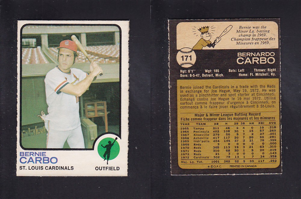 1973 O-PEE-CHEE BASEBALL CARD #171 B. CARBO photo