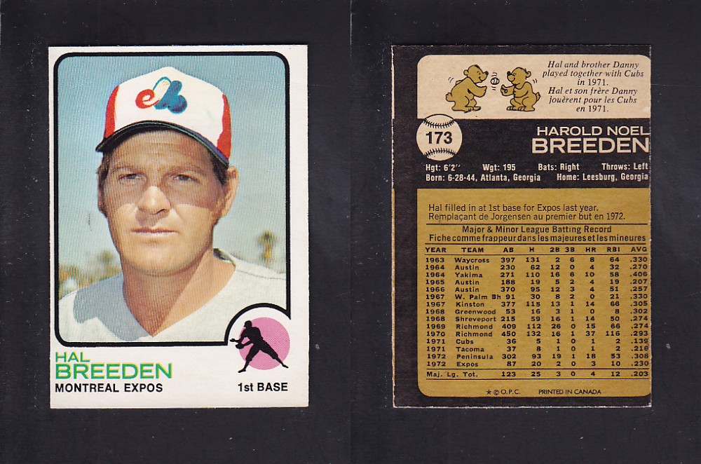 1973 O-PEE-CHEE BASEBALL CARD #173 H. BREEDEN photo