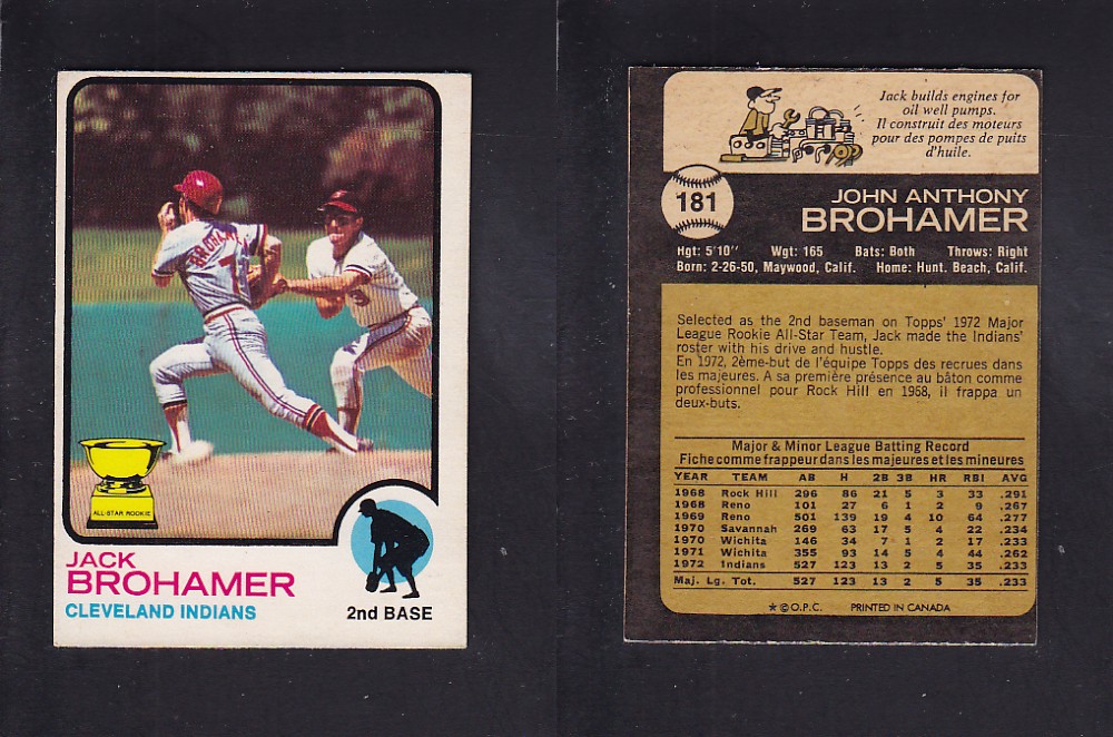 1973 O-PEE-CHEE BASEBALL CARD #181 J. BROHAMER photo