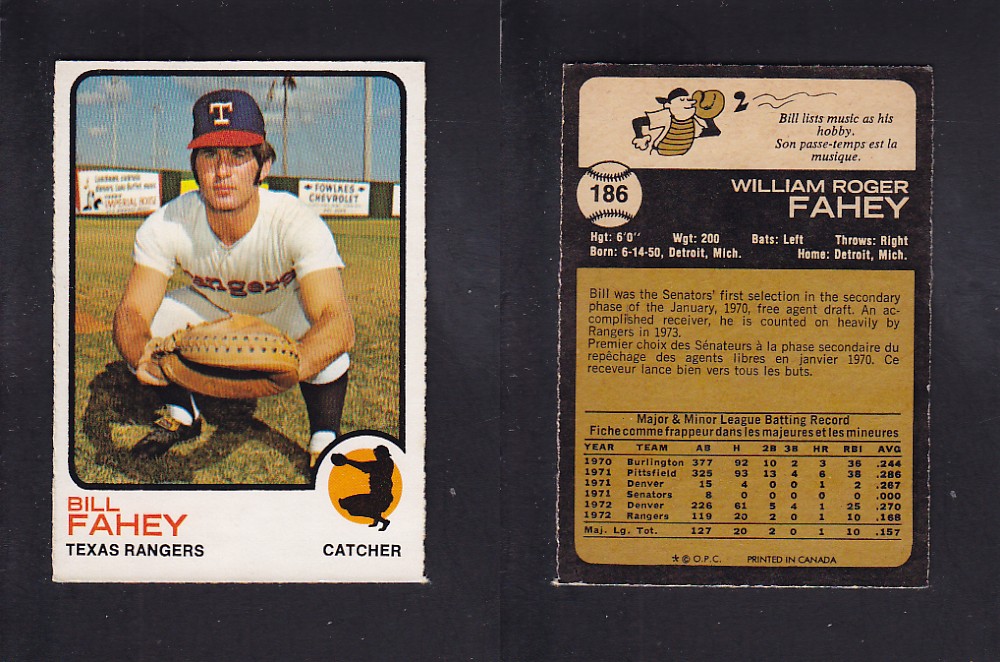 1973 O-PEE-CHEE BASEBALL CARD #186 B. FAHEY photo