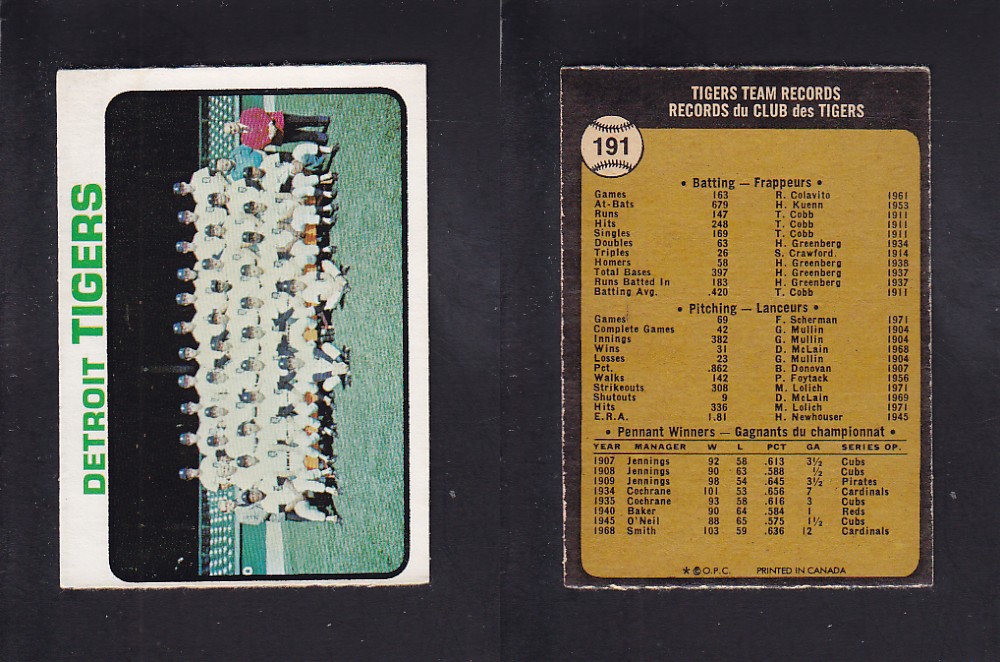 1973 O-PEE-CHEE BASEBALL CARD #191 DETROIT TIGERS photo