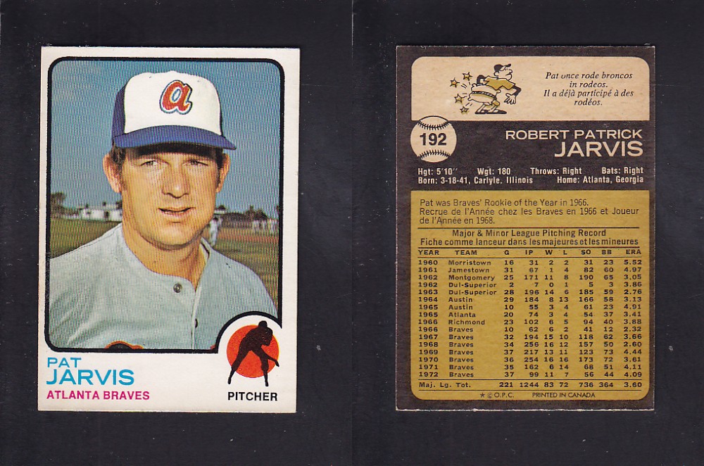 1973 O-PEE-CHEE BASEBALL CARD #192 P. JARVIS photo