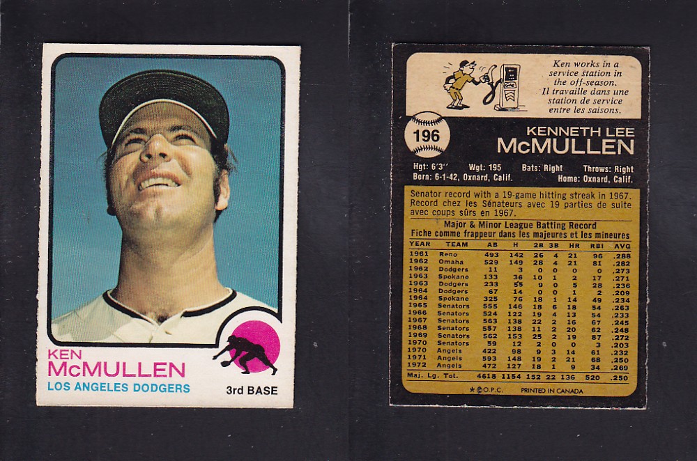 1973 O-PEE-CHEE BASEBALL CARD #196 L. McMULLEN photo