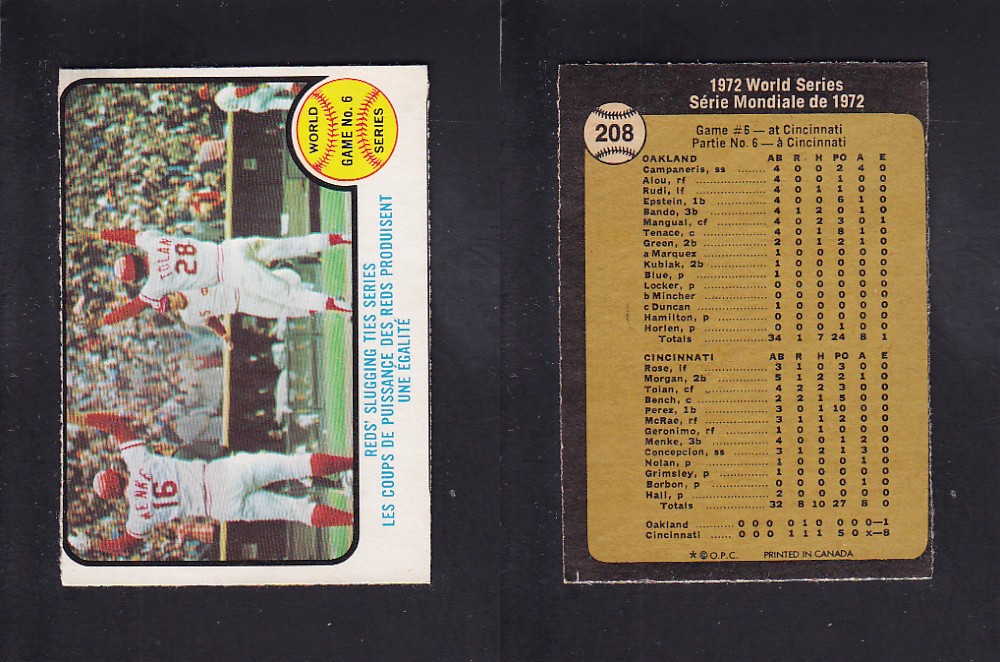 1973 O-PEE-CHEE BASEBALL CARD #208 WORLD SERIES GAME #6 photo