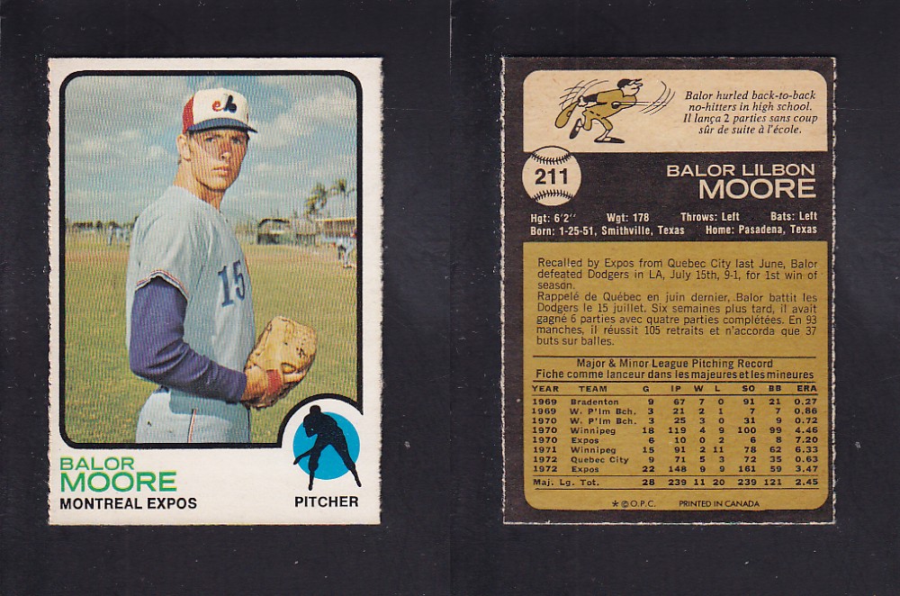 1973 O-PEE-CHEE BASEBALL CARD #211 B. MOORE photo