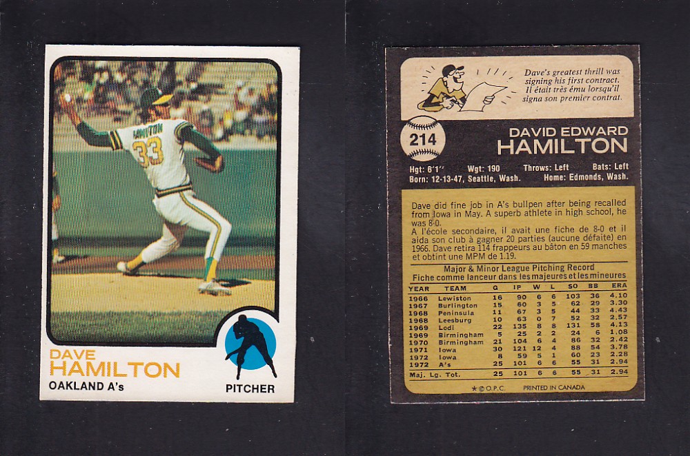 1973 O-PEE-CHEE BASEBALL CARD #214 D. HAMILTON photo