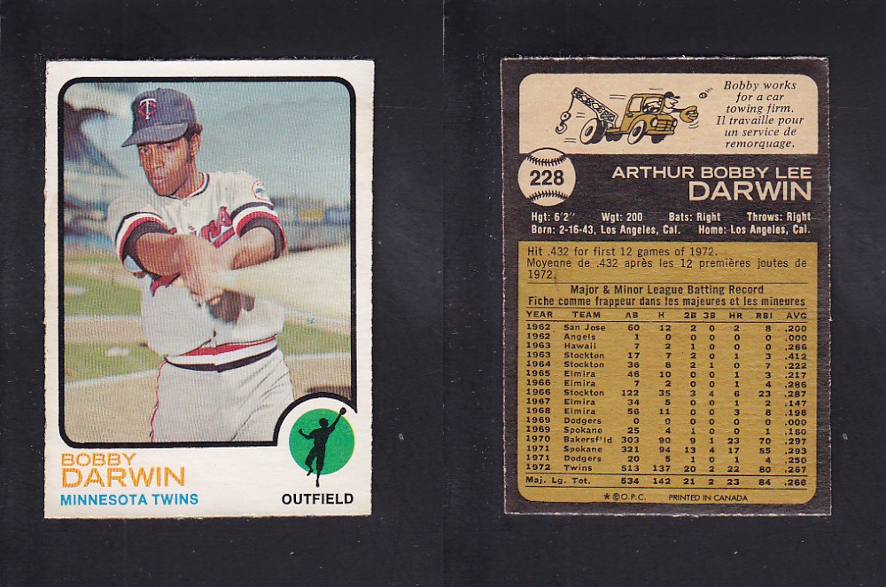 1973 O-PEE-CHEE BASEBALL CARD #228 B. DARWIN photo