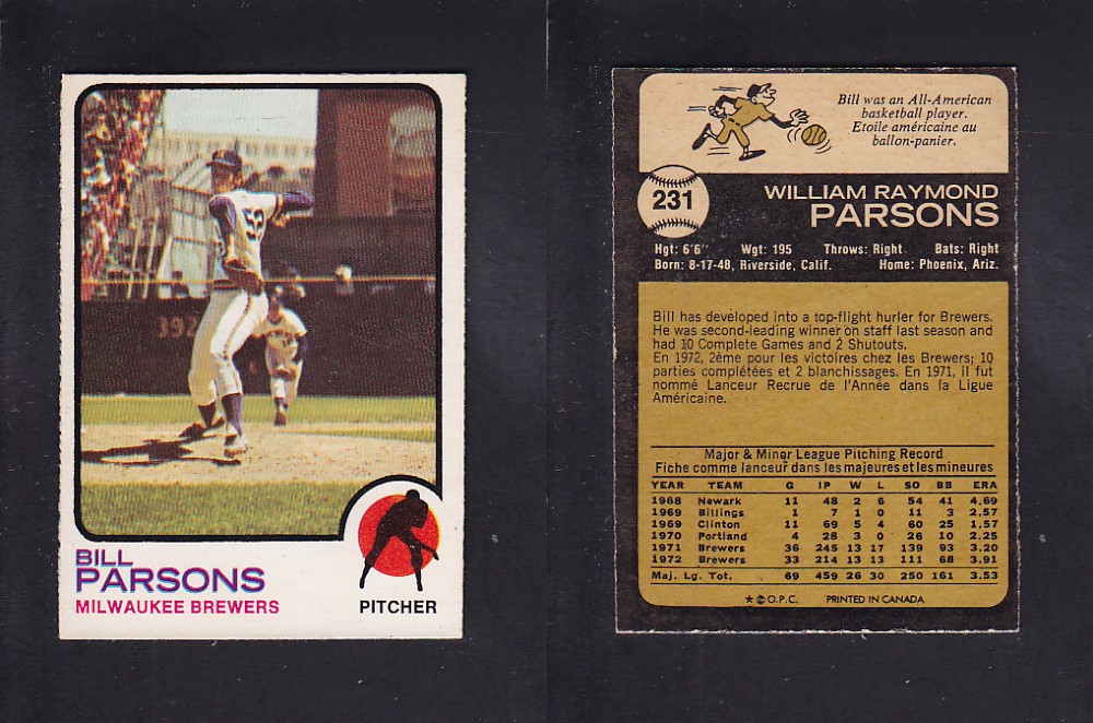 1973 O-PEE-CHEE BASEBALL CARD #231 B. PARSONS photo