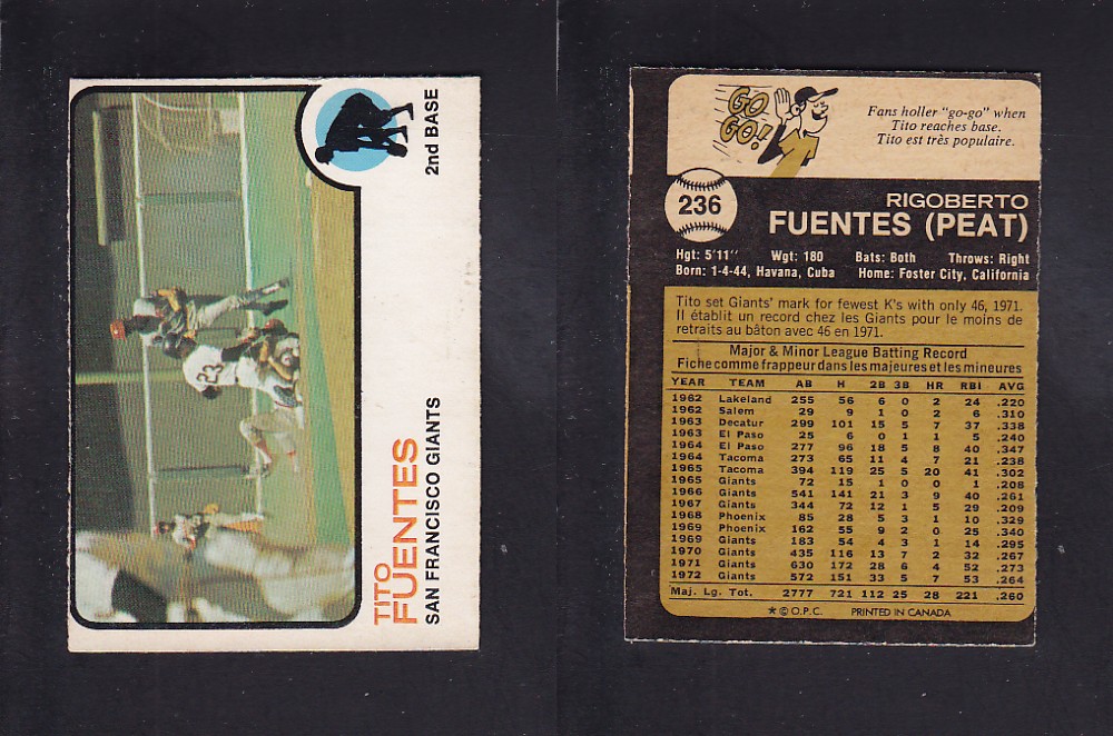 1973 O-PEE-CHEE BASEBALL CARD #236 T. FUENTES photo