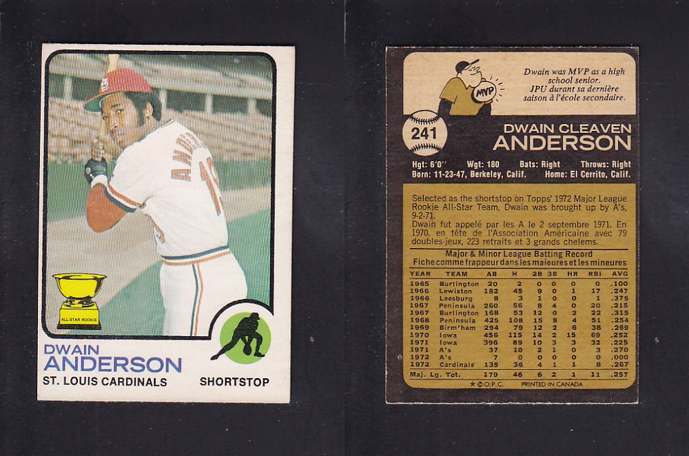 1973 O-PEE-CHEE BASEBALL CARD #241 D. ANDERSON photo