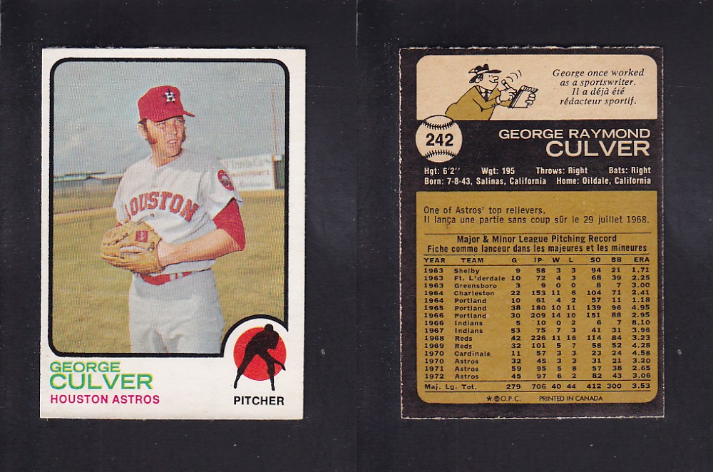 1973 O-PEE-CHEE BASEBALL CARD #242 G. CULVER photo