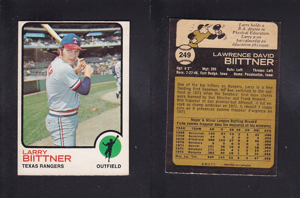 1973 O-PEE-CHEE BASEBALL CARD #249 L. BIITTNER photo