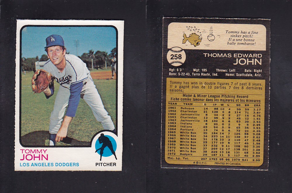 1973 O-PEE-CHEE BASEBALL CARD #258 T. JOHN photo