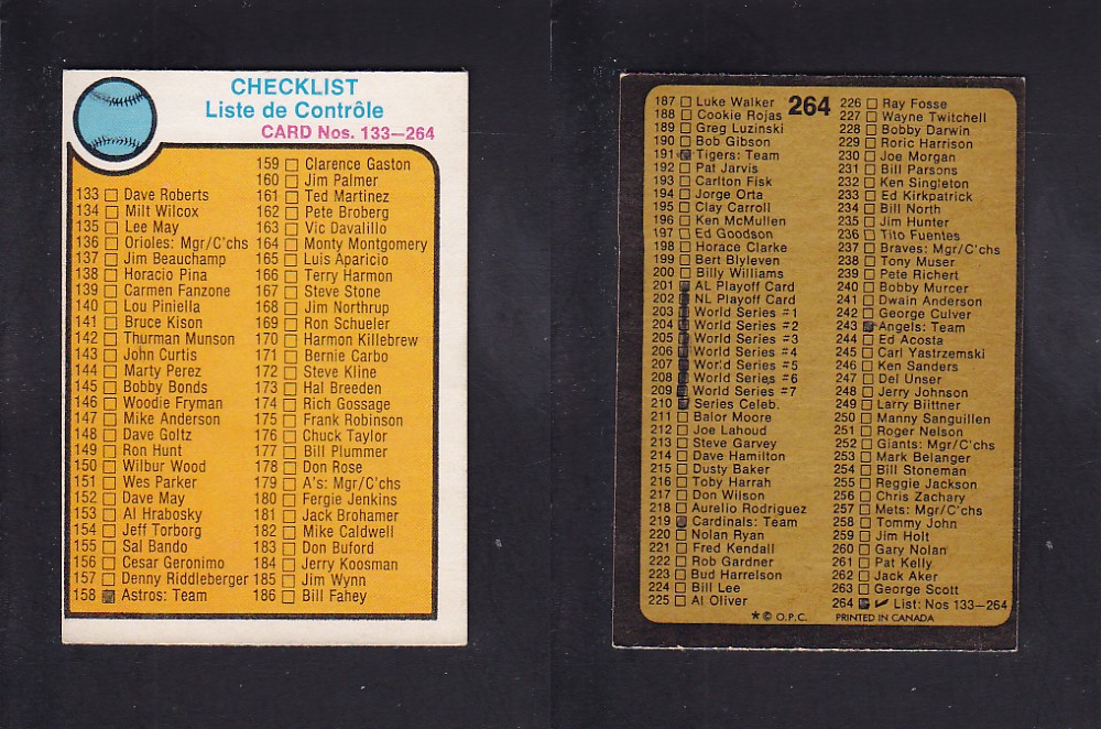 1973 O-PEE-CHEE BASEBALL CARD #264 CHECKLIST #133-264 photo