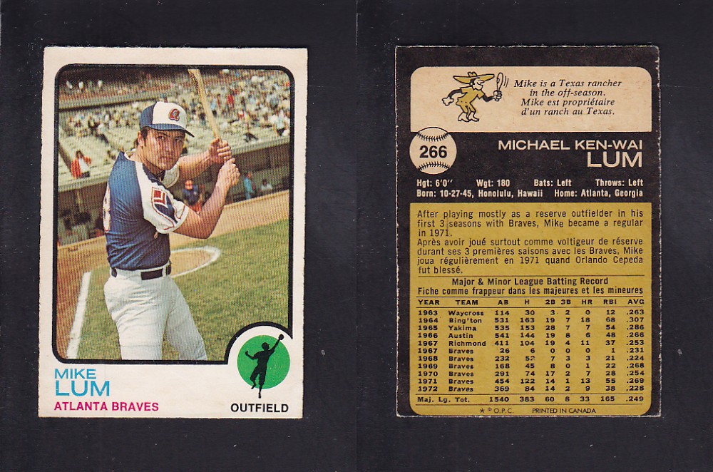 1973 O-PEE-CHEE BASEBALL CARD #266 M. LUM photo