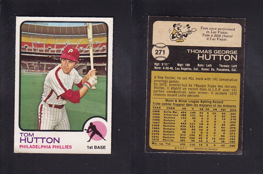 1973 O-PEE-CHEE BASEBALL CARD #271 T. HUTTON photo