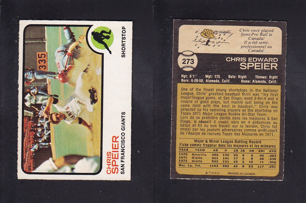 1973 O-PEE-CHEE BASEBALL CARD #273 C. SPEIER photo