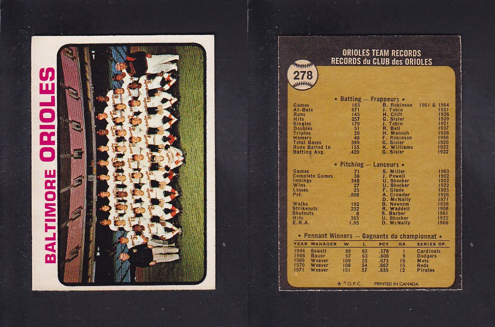 1973 O-PEE-CHEE BASEBALL CARD #278 BALTIMORE ORIOLES photo