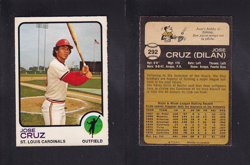 1973 O-PEE-CHEE BASEBALL CARD #292 J. CRUZ photo