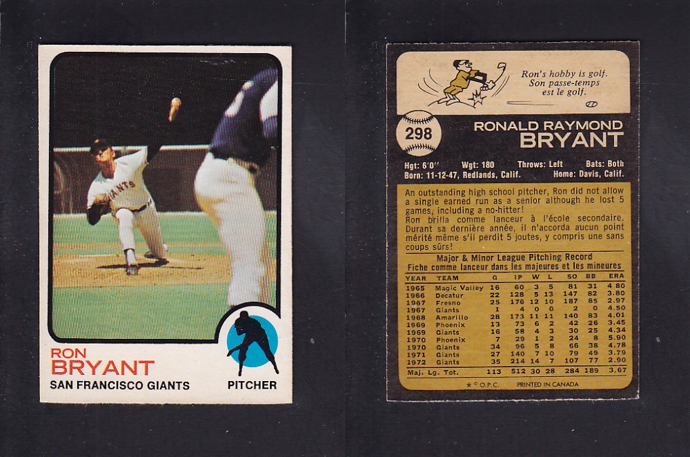 1973 O-PEE-CHEE BASEBALL CARD #298 R. BRYANT photo