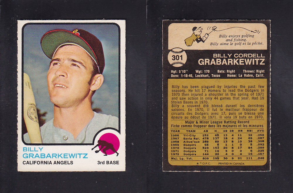 1973 O-PEE-CHEE BASEBALL CARD #301 B. GRABARKEWITZ photo