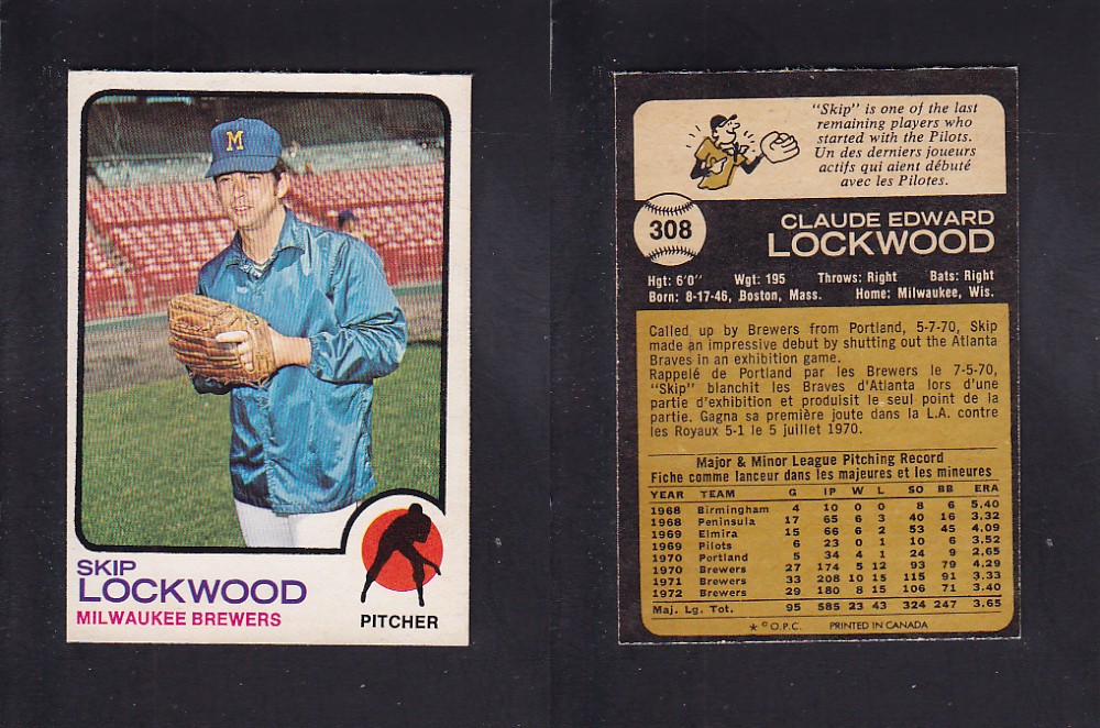 1973 O-PEE-CHEE BASEBALL CARD #308 S. LOCKWOOD photo