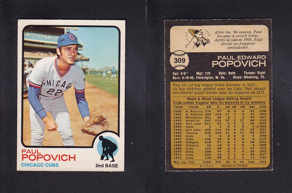 1973 O-PEE-CHEE BASEBALL CARD #309 P. POPOVICH photo